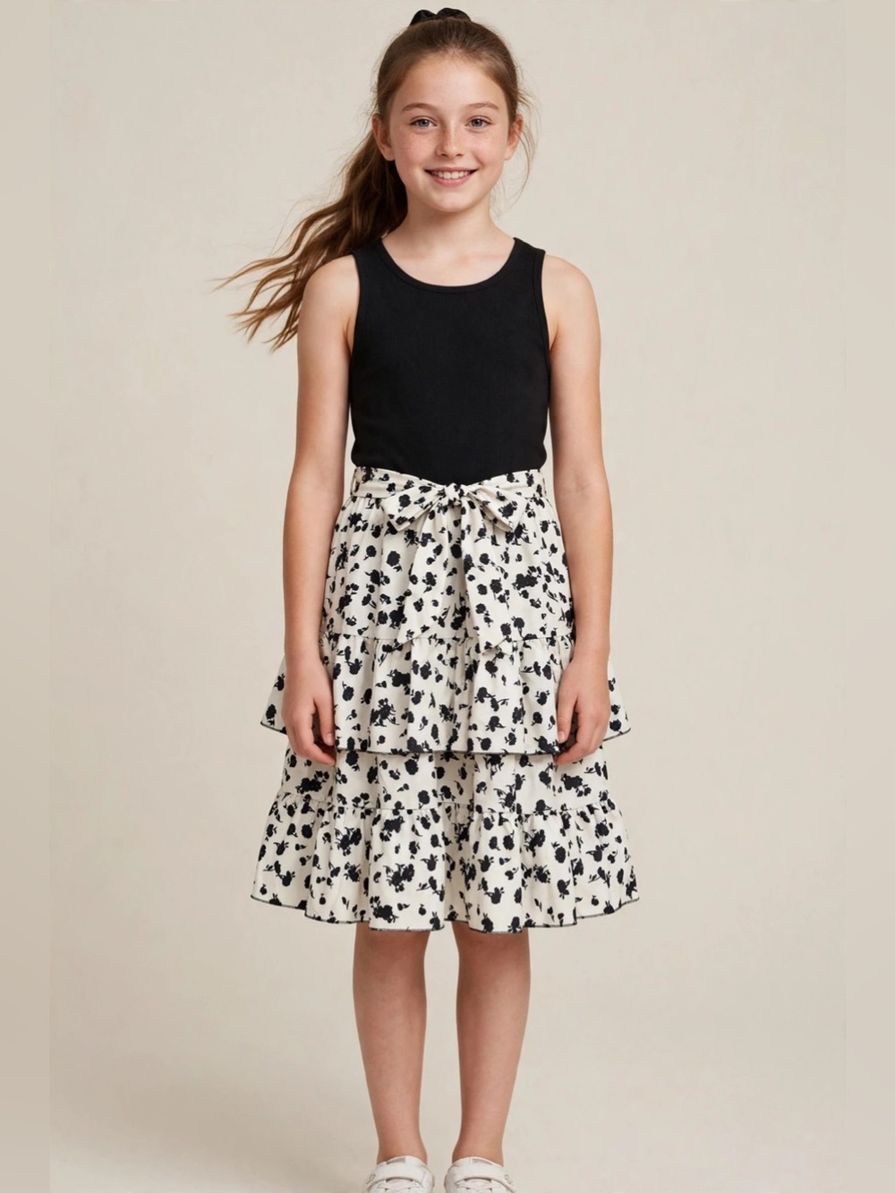 SHEIN Black Tank with Ivory Floral Tiered Skirt Dress